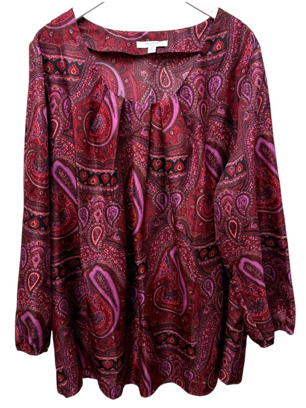 LIZ CLAIBORNE Blouse Plus Size 2X Paisley Peasant Style Burgundy Holiday Top